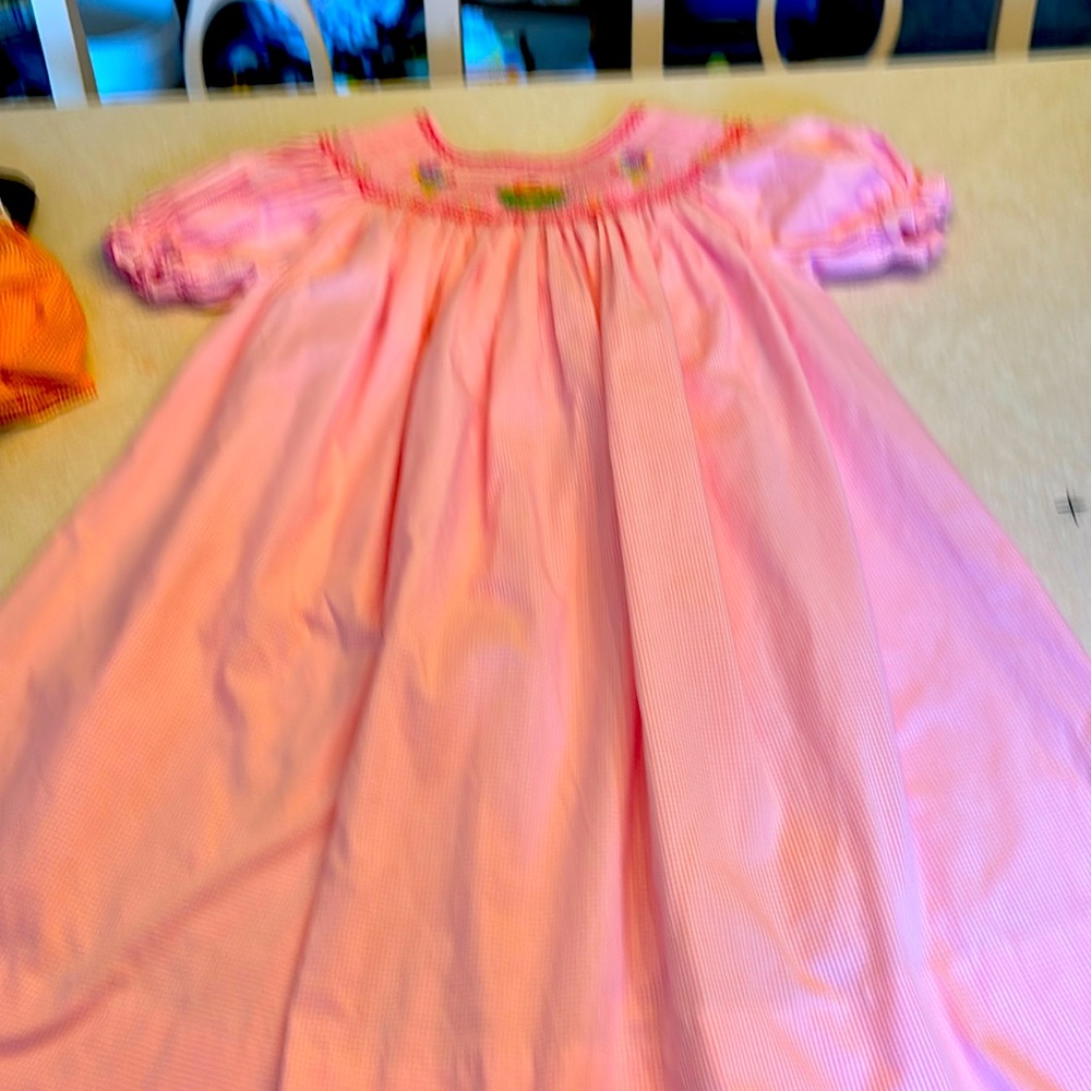 pink and White Checked Smocked Long Dress Size 6y PM1